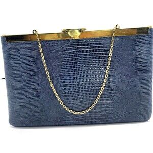 Vintage Blue Genuine Leather gorgeous square folding hinge Clutch handbag Chain